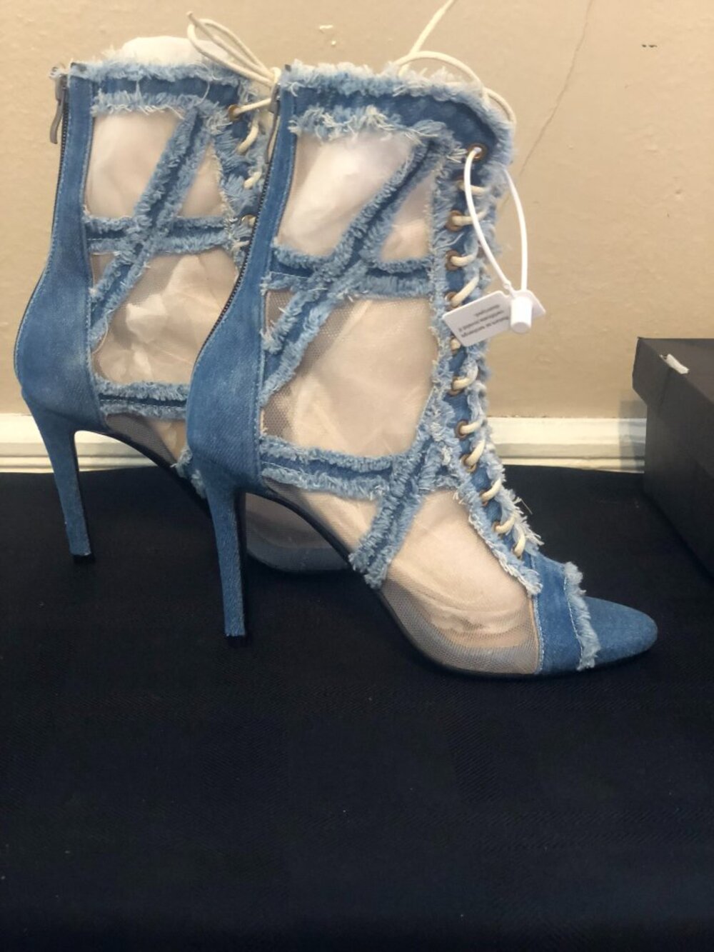 DanceandSway Blue Frayed Denim Sheer Mesh Lace Up Dance Heel Boots 6